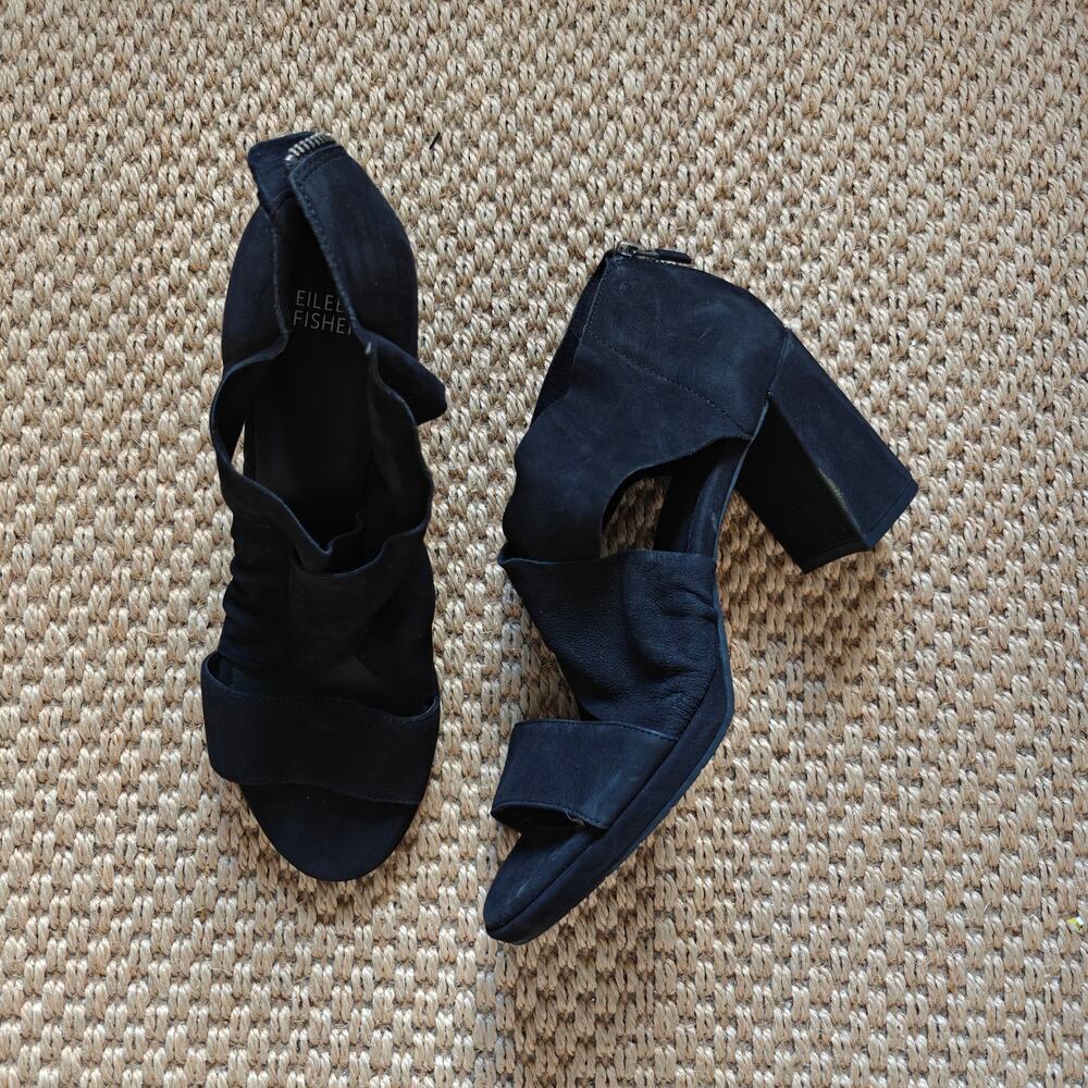 Eileen Fisher Oodle Black Nubuck Cutout Block Heel Sandals 9.5 Back Zip